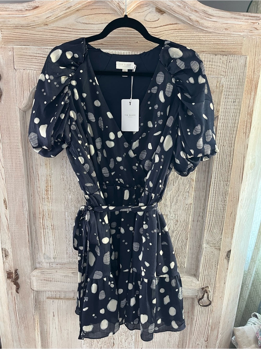 Ted Baker Navy Blue Dress with Cream Polka Dot Print Size 4 NWT